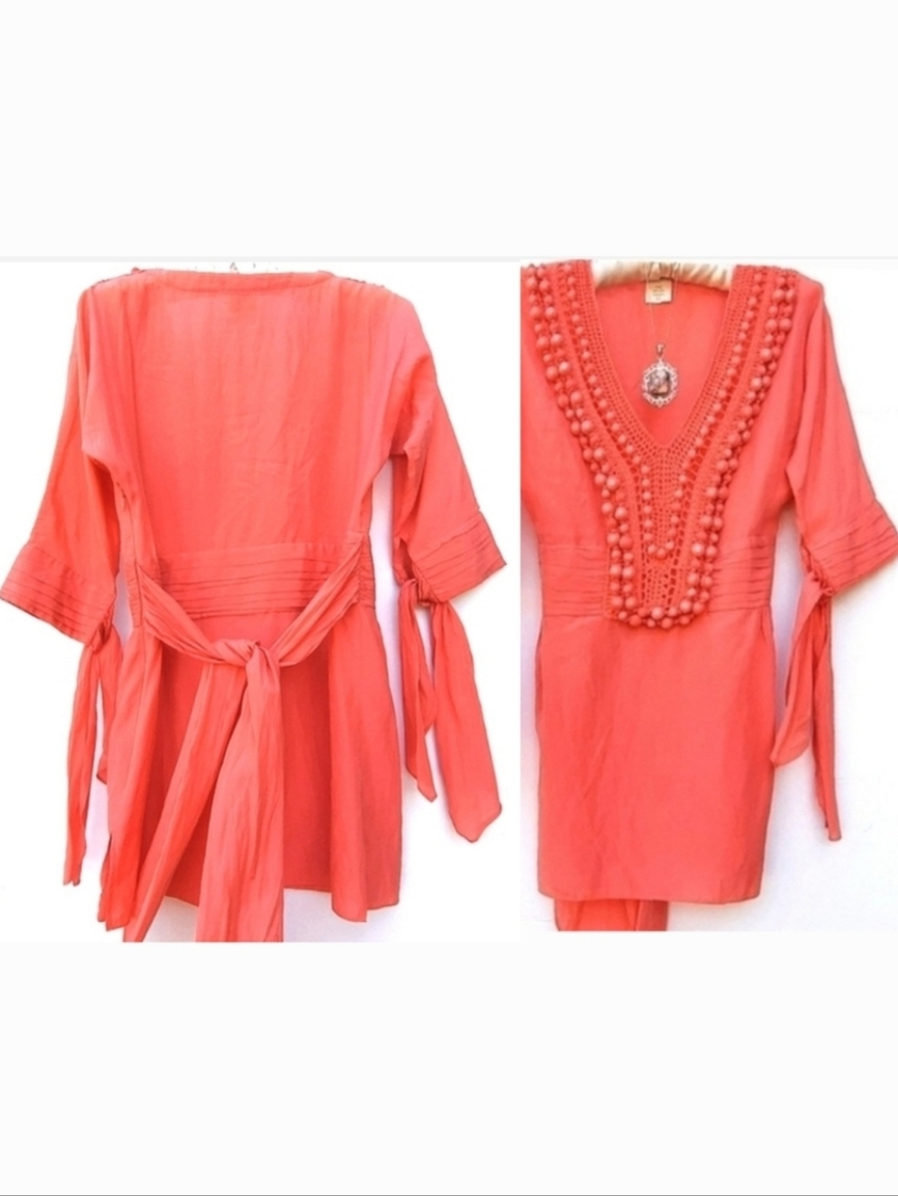 MARCIANO Silk Tie Back, Beaded Crochet Tunic Blouse